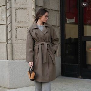 Women's Taupe Belted Wrap Coat with Notch Lapel